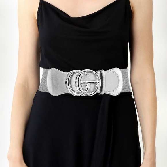Oversized Metal Buckle Accented Elastic Statement Belt - Picture 4 of 9